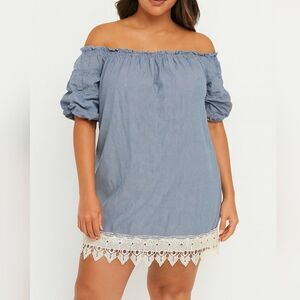 Blue Dress Balloon Sleeve Crochet Trim 3X Off Shoulder Cottagecore Coquette